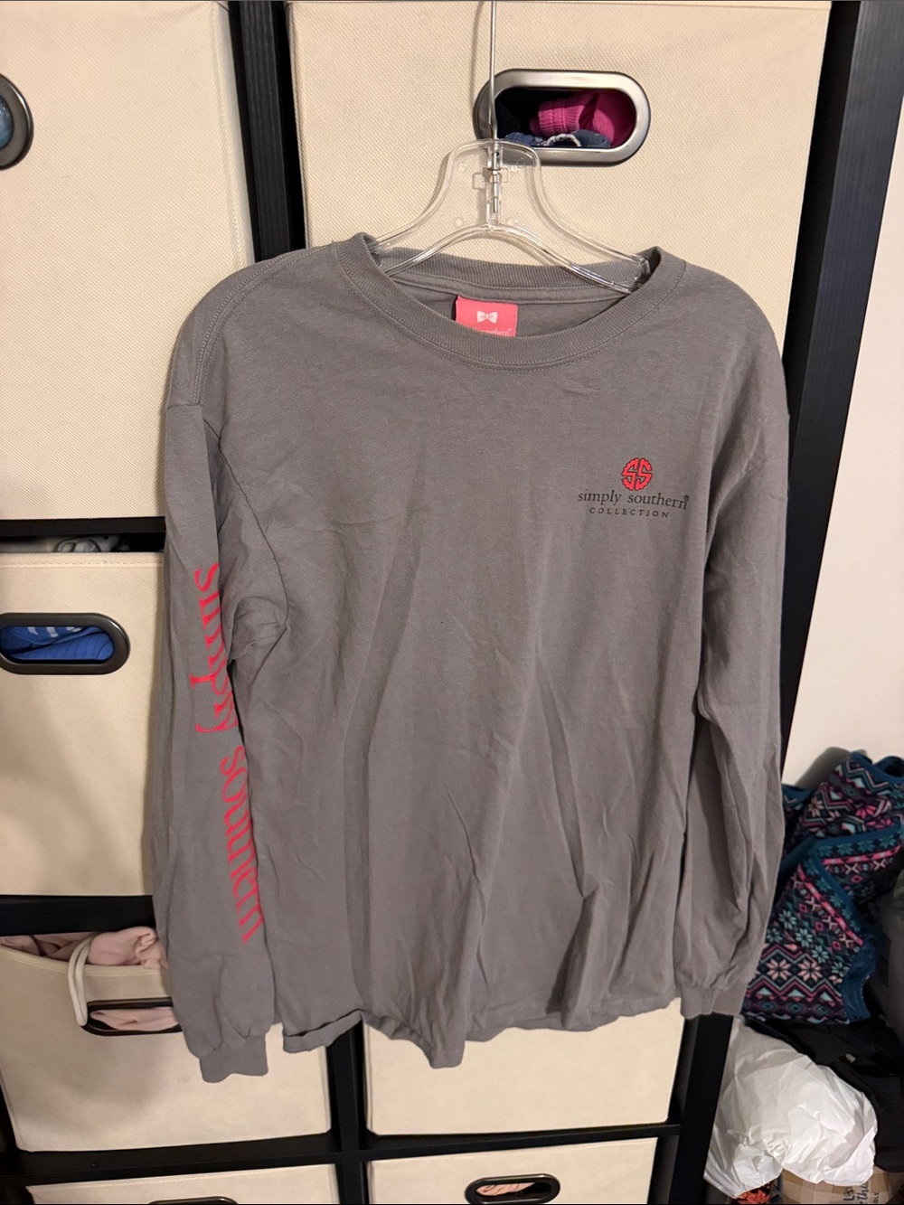 Simply Southern Gray Long-Sleeve Tee with Red Logo & Sleeve Script